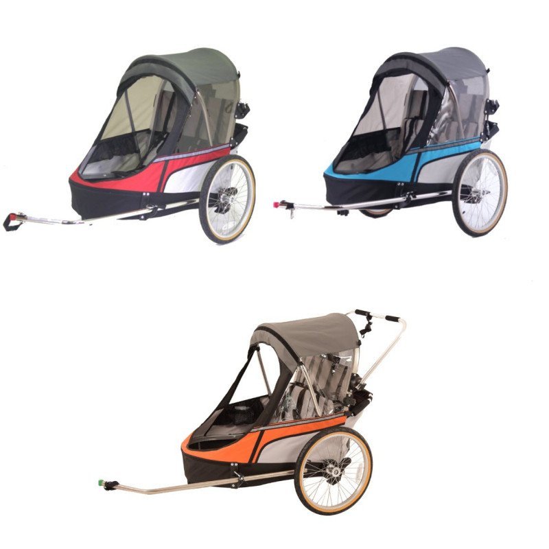 wike-double-premium-5.jpg Remorque velo pas cher Wike pour 2 Enfants - Premium Double - Poussette et Kit de Jogging inclus - marine/marron – Image 1